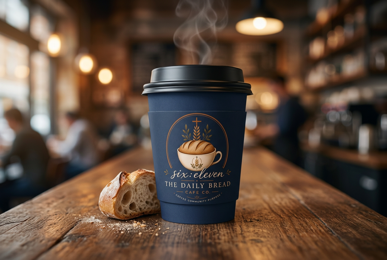 six:eleven navy hot to-go paper cup with branded sleeve