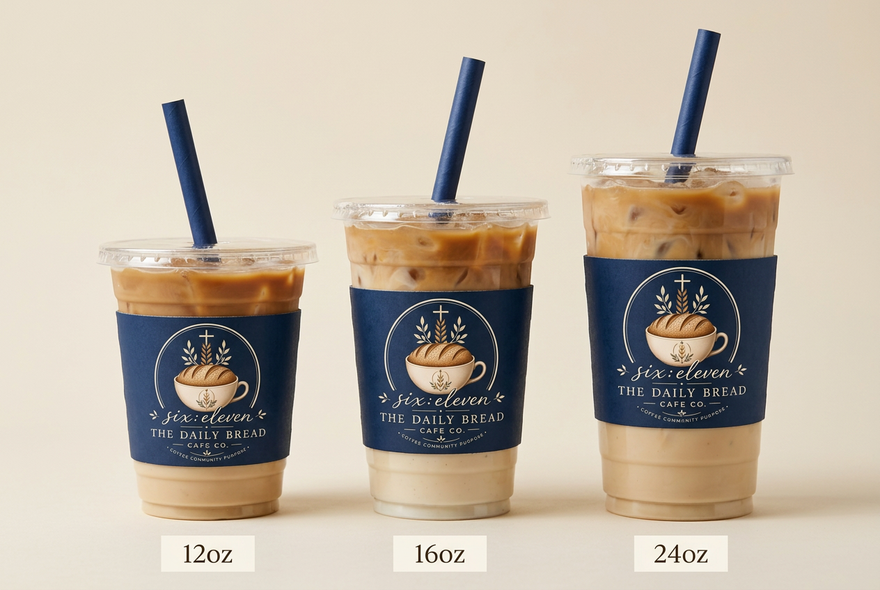 six:eleven cold to-go cups in 12oz, 16oz, and 24oz with sealed lids and navy branded sleeves