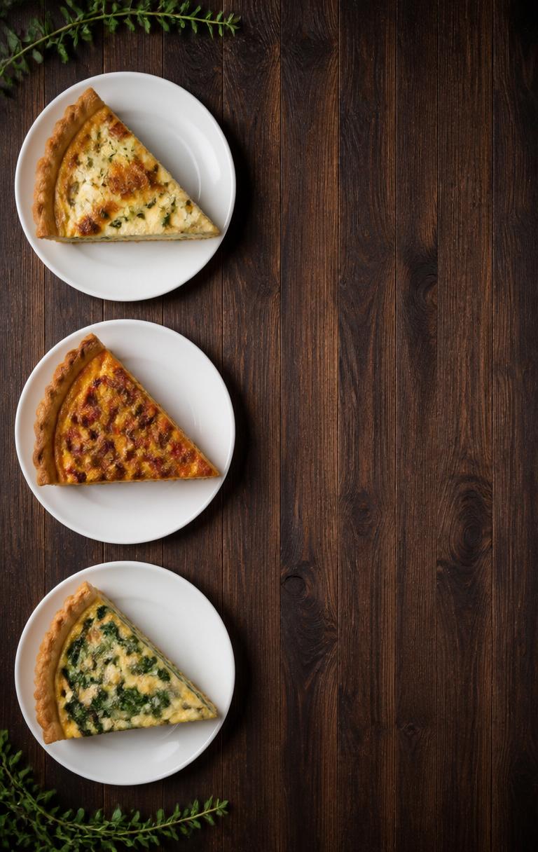 A-frame quiche menu with three plated slices on dark walnut
